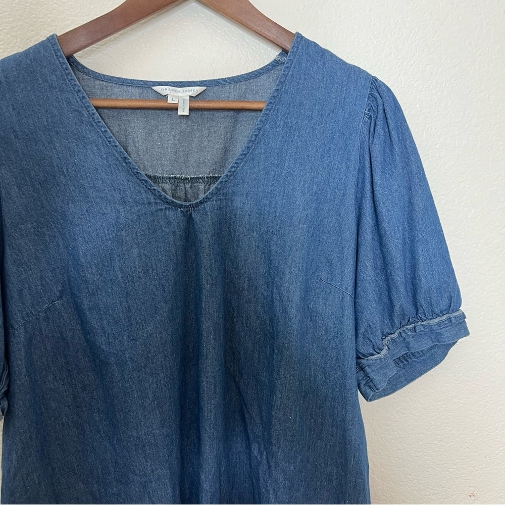 Draper James Heidi V-Neck Chambray Denim Puff Sleeve Top L - Picture 5 of 8